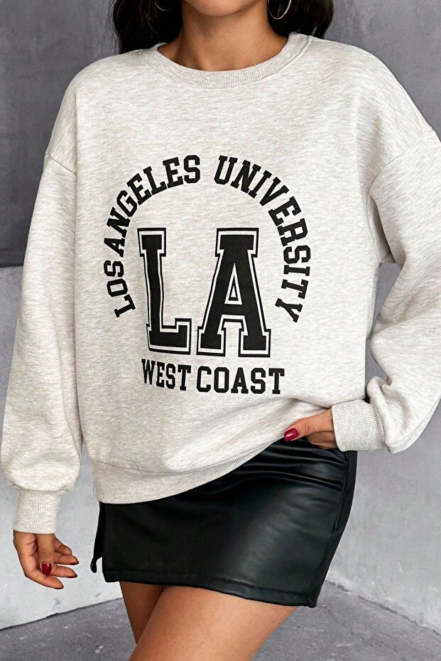 Losangeles Printed Beige Color Crew Neck Relaxed Fit Sweatshirt