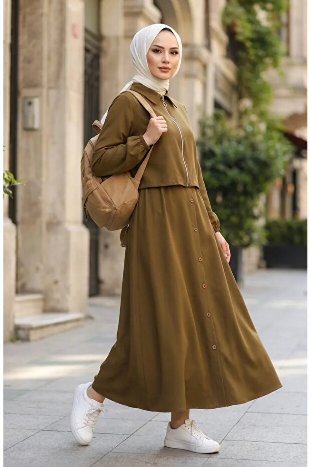Zippered Cotton Hijab Double Set 0239-04 Oil Green