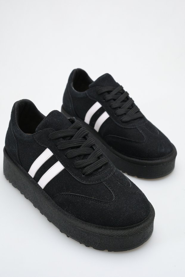 Eloveva Black Thick Sole Lace-Up Suede Striped Orthopedic Daily Women's Sports Shoes