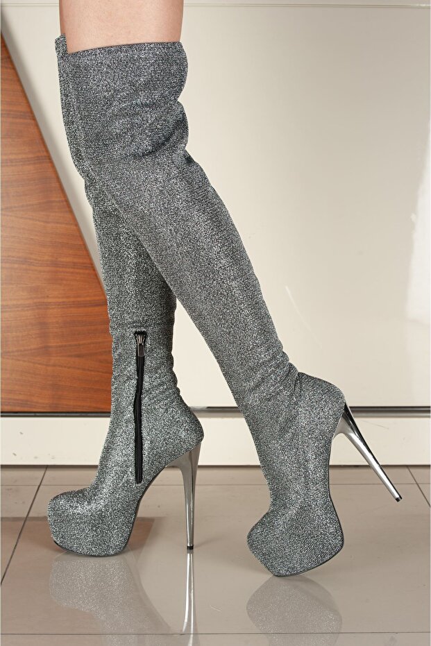 Merlin Silvery Gray Women's Thin Heel High Above-Knee Stretch Boots