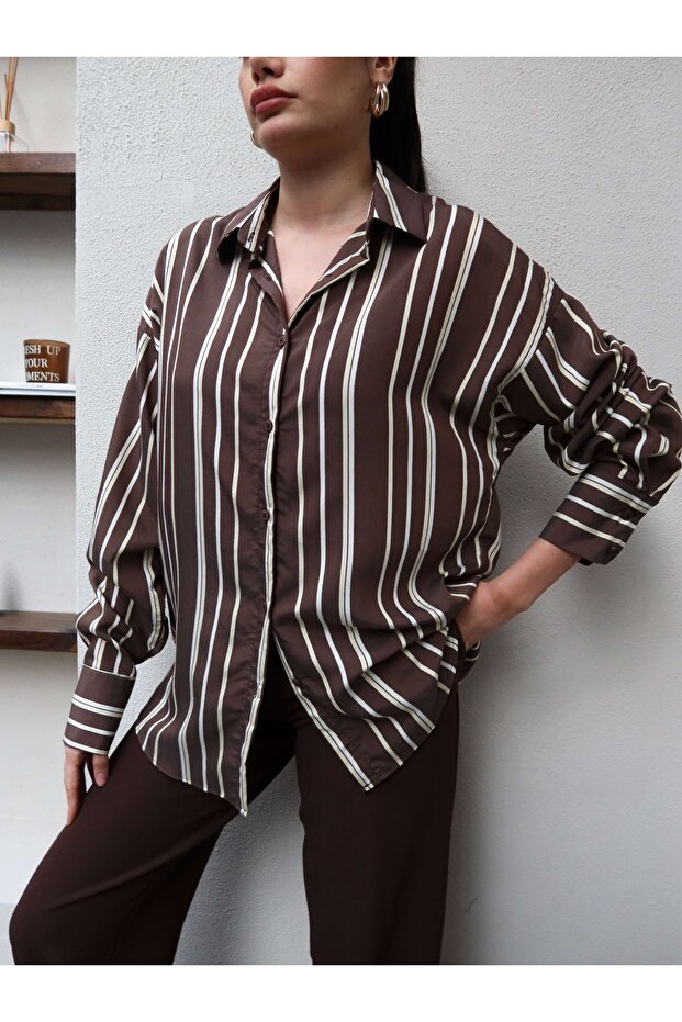 Kalın Çizgili Oversize Gömlek - 3
