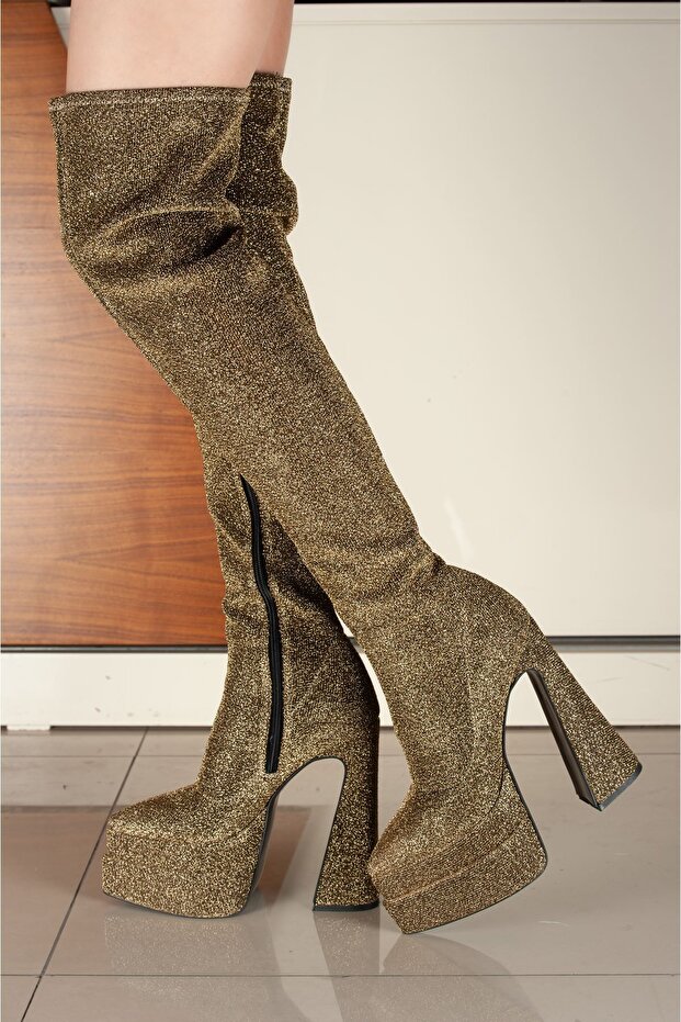 Gold Glittery Double Platform Design Women's Boots High Heeled Shoes