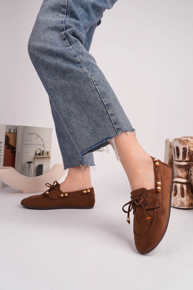Women's Brown Calf Suede Bead Detailed Loafer Daily Use Shoes