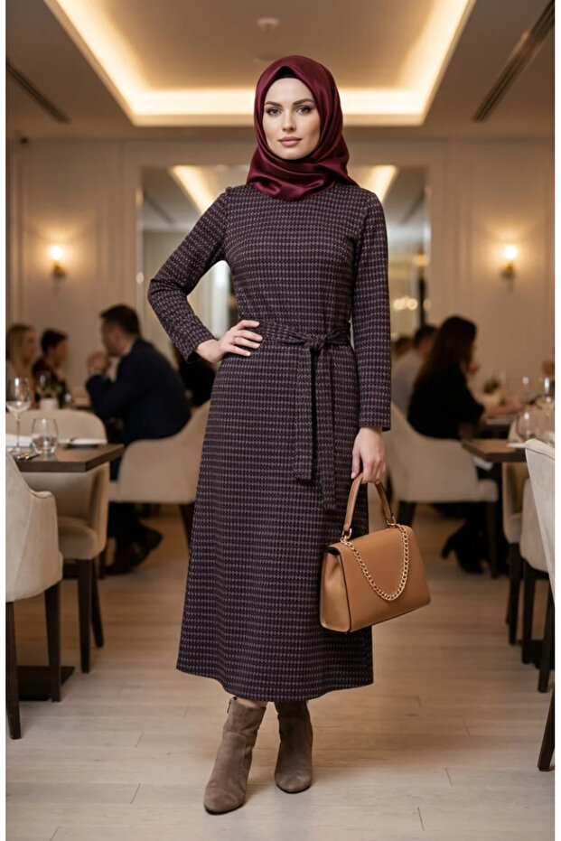 Geometric Patterned Belted Hijab Dress 2222-01 Purple