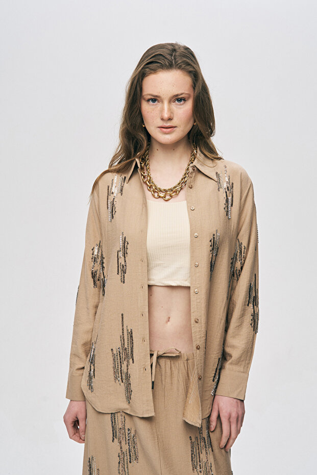 Women's Sequin and Bead Embroidered Oversize Shirt