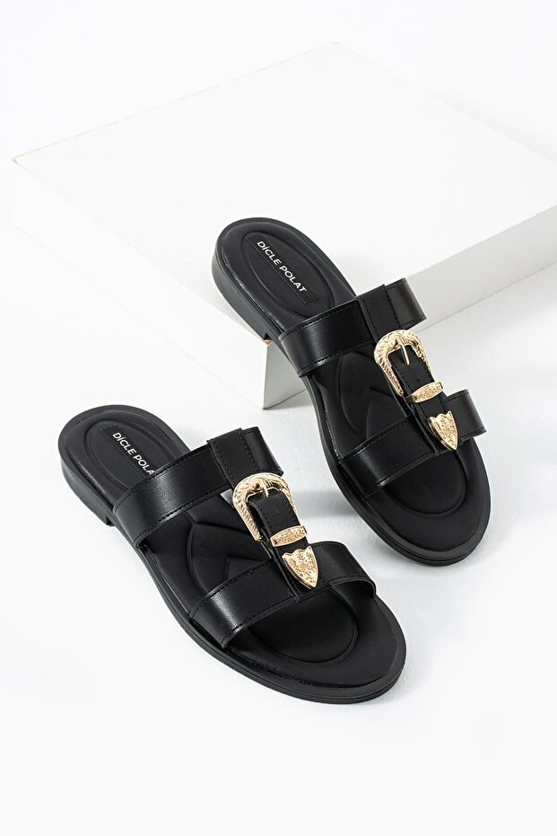 Women's Tan Buckle Double Strap Casual Slippers - Comfort Sole Velin
