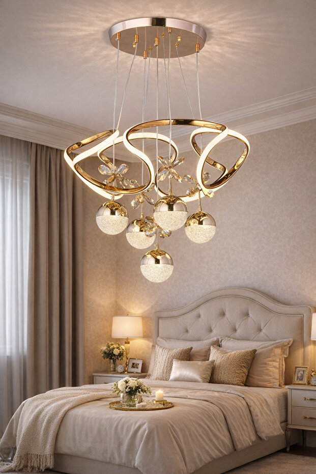 EY-EL TASARIM Galaksi Helezon 4+1 Modern Sarkıt Led Avize 3 Renk Toplu Kelebek Taşlı Sarı Rose Gold Kaplamalı