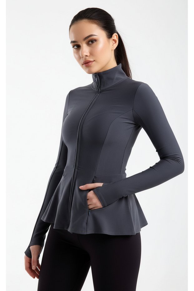Women's Peplum Cut Sports Jacket with Finger Holes -Hijab Compatible/Peplum-Style Athletic Jacket