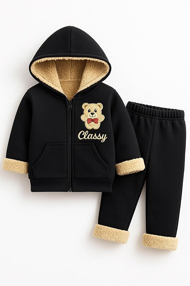 Teddy Bear Detailed Soft Plush Children's Winter Hoodie and Sweatpants Set