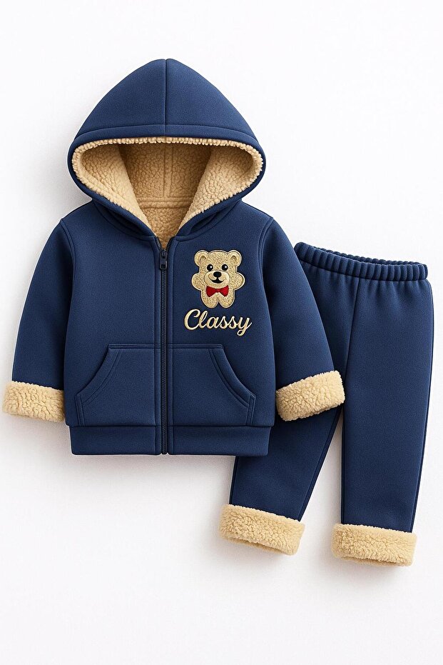 Teddy Bear Detailed Soft Plush Children's Winter Hoodie and Sweatpants Set