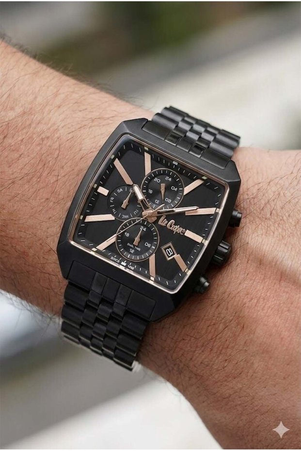 Black Men's Wristwatch | Square Case with Rose Detail, Multifunctional, Steel Band