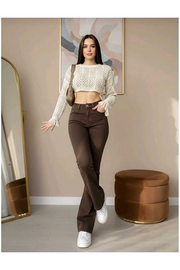 Delmeria Bitter Brown High Waist Lycra Spanish Jean Trousers
