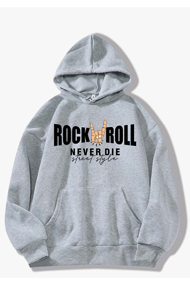 سويت شيرت رمادي بقلنسوة مطبوع عليه ROCK'N ROLL مصنوع من القطن