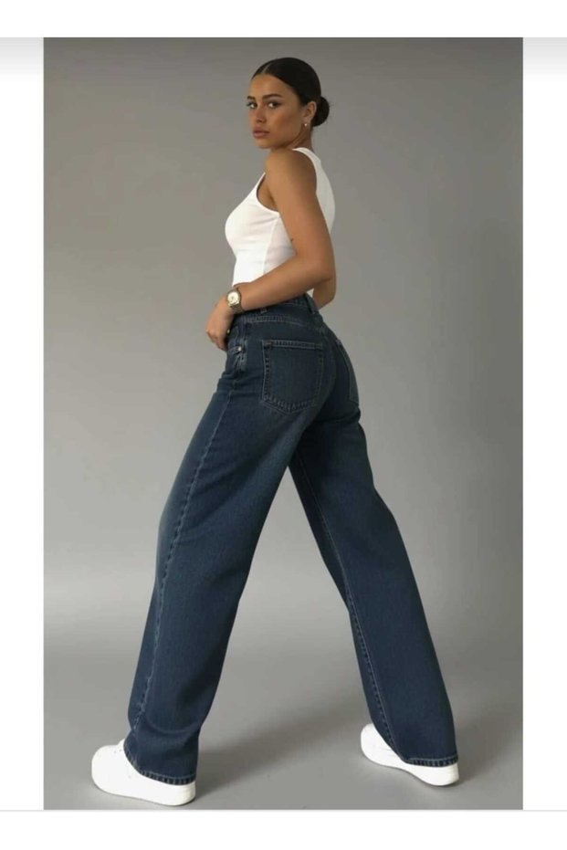 Dark Blue Buckle Detailed Loose Cut Wide Leg Comfortable Baggy Casual Jean Trousers