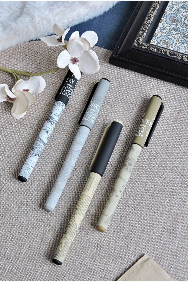4 Pcs Pen Vintage Map Atlas Themed Oil-Based Oil Ink Pen 0.7 Blue