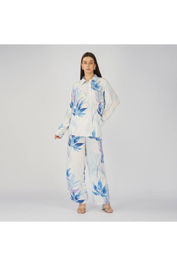 White and Blue Tropical Leaf Print, Embroidered Coord Set