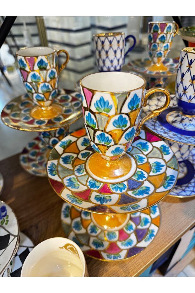 ESTERHOMEDECOR Hand-Painted Porcelain Coffee Cup Set for 6 People
