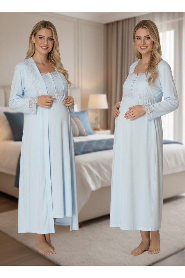 Women's Blue Special Design Lace Embroidered Long Sleeve Cotton Maternity Nightgown Set