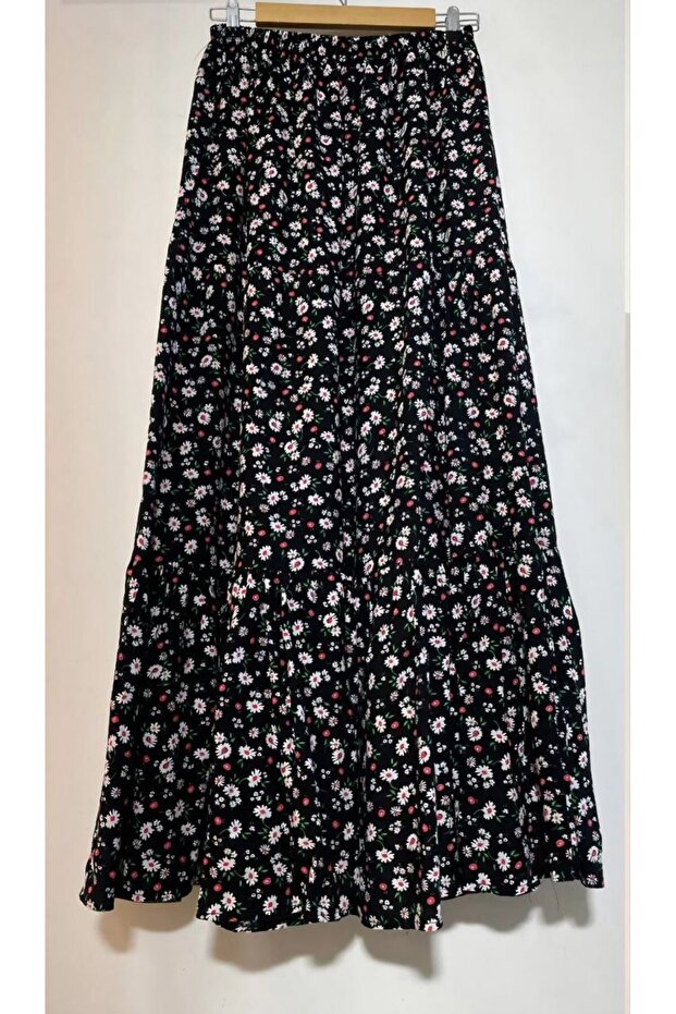 Papatya Patterned Black Red Viscose Skirt