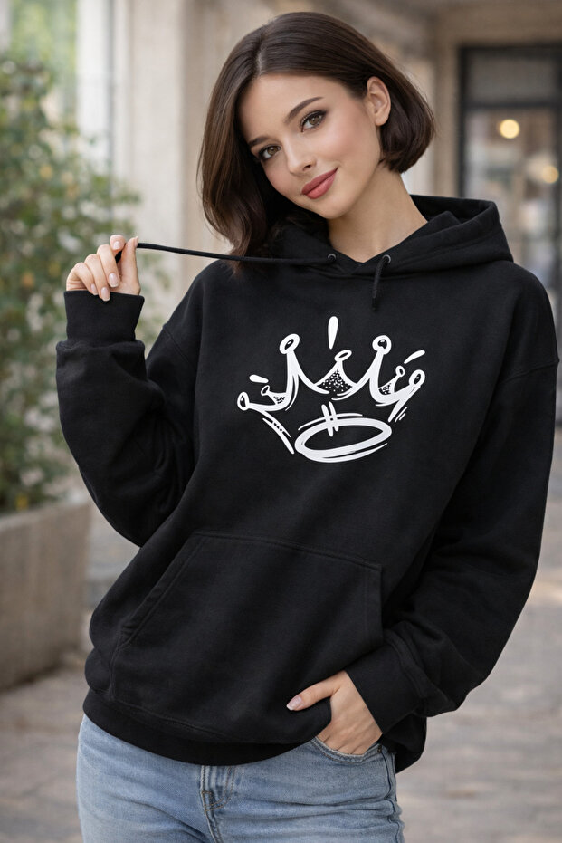 Unisex Oversize 100% Cotton Crown Printed Hooded Sweatshirt
