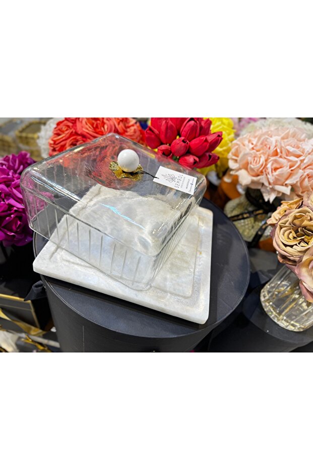 Esterhomedecor Square Cake Pan with Marble Base and Glass Lid