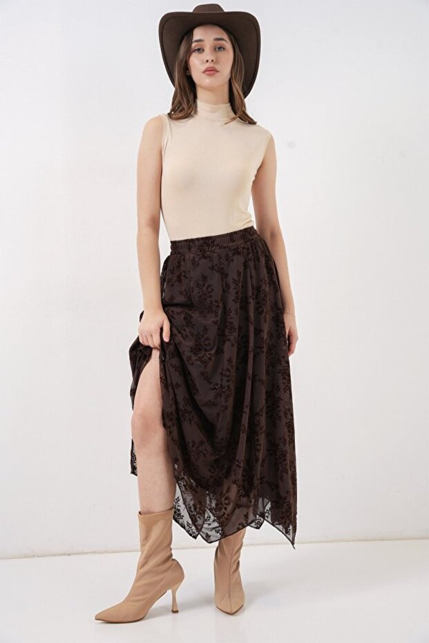 تنورة مبطنة منقوشة 8059 - بني - 4