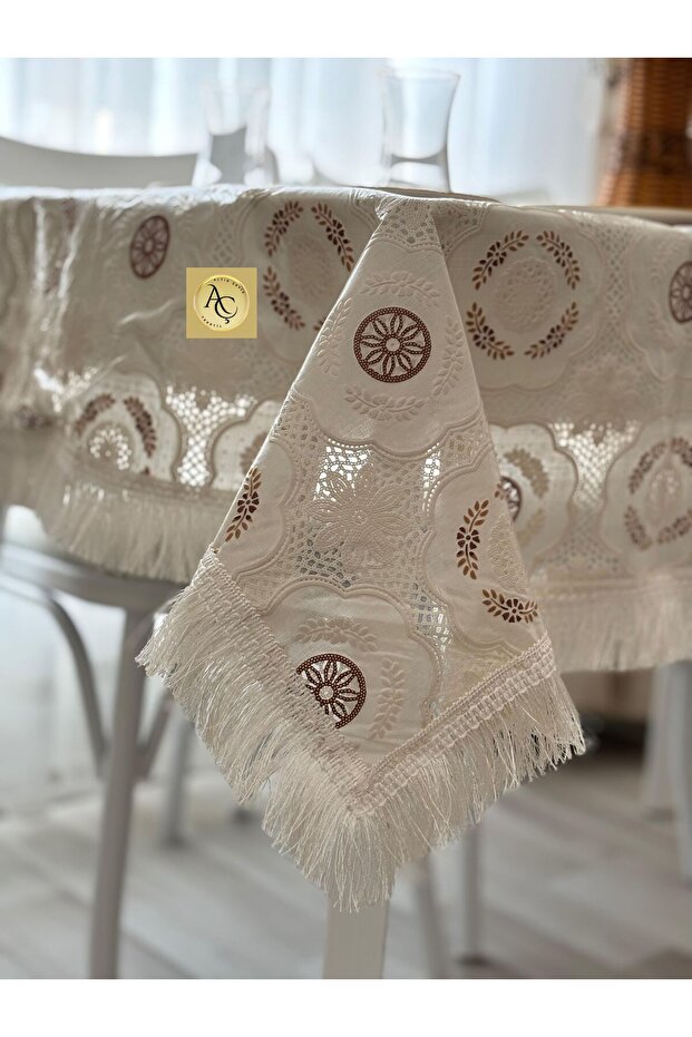Tablecloth Plastic Ecru Floral Embossed Rosette Pattern – Shiny Fringed –