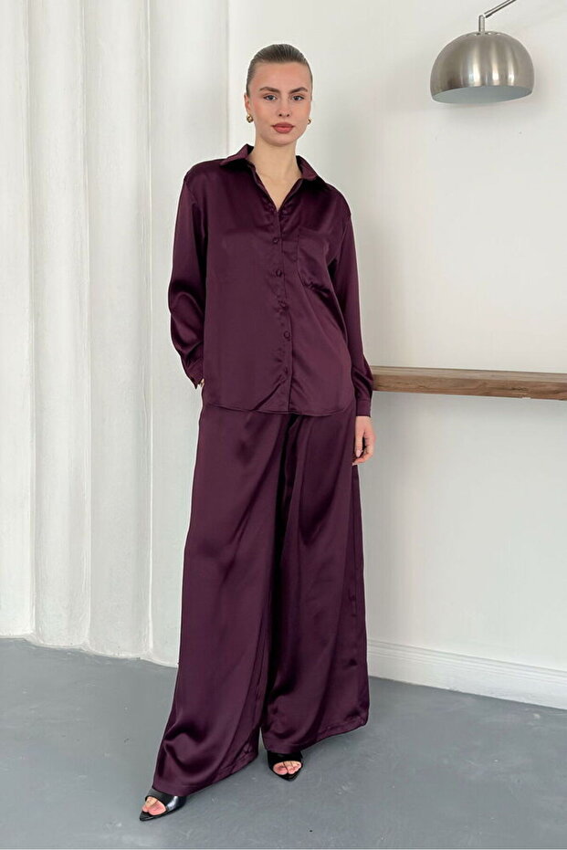 High-Waisted Wide-Leg Satin Trousers – Stylish and Comfortable Design - Plum | F2052 - Plum