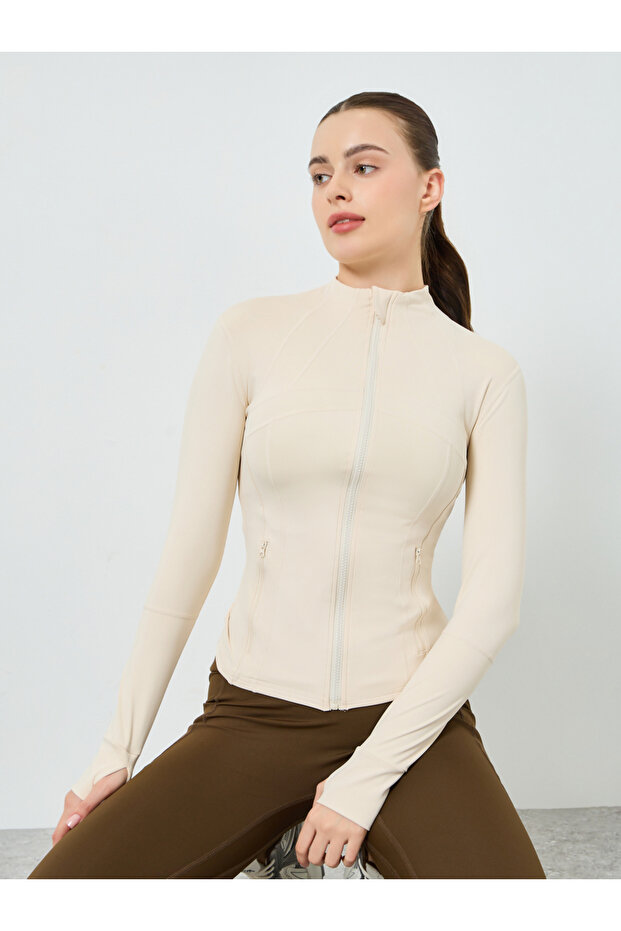 Women Cream Back Flap Effect Thumbhole Jacket