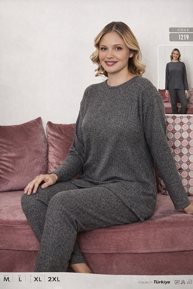 Women's Dark Gray Corded Fabric Pajama Set - Relaxed Fit Loungewear (M-2XL)