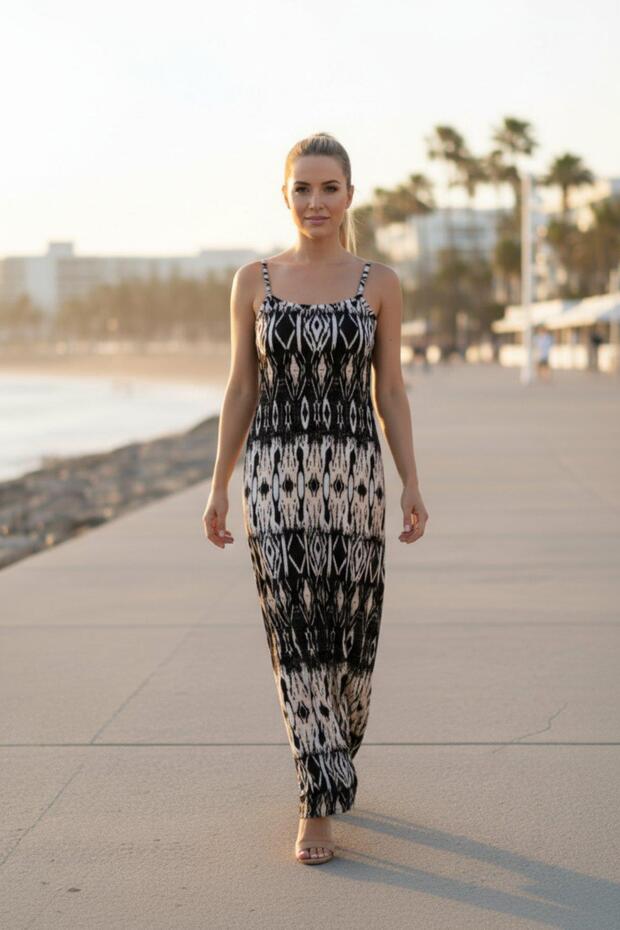 فستان جيرسيه بياقة مربعة وحمالات رفيعة - منقوش - 2