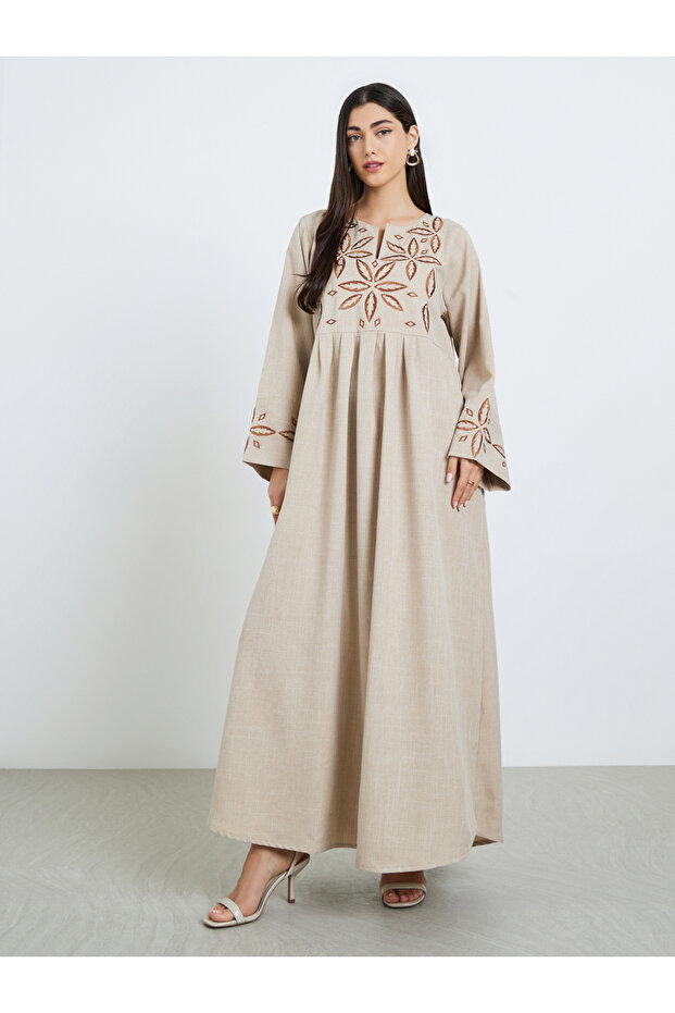 Women Beige Embroidered Pleated Jalabiya