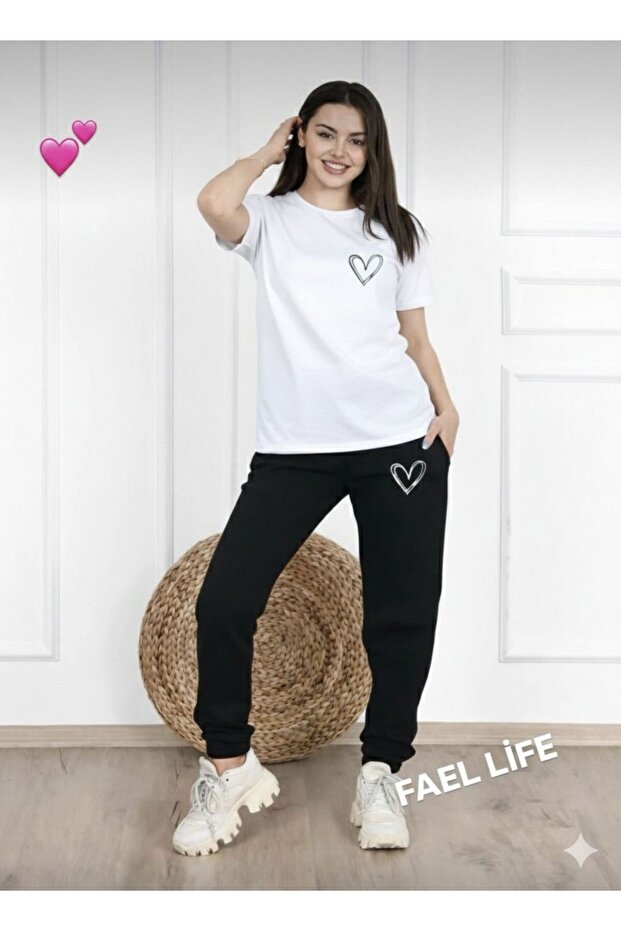 Women'S/Men's Wide Cut T-Shirt Tracksuit Minimal Heart Printed Set
