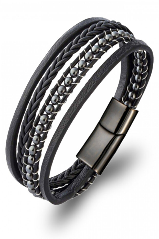 Men's Leather Bracelet with Hematite Natural Stone Black Multi Leather Cord Bracelet