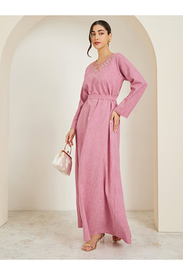 Women Pink Embroidered Belted Jalabiya