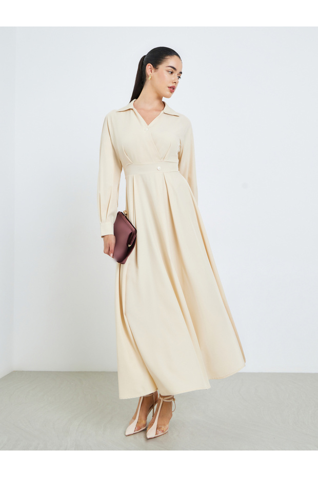 Women Beige Pleated A-Line Maxi Dress