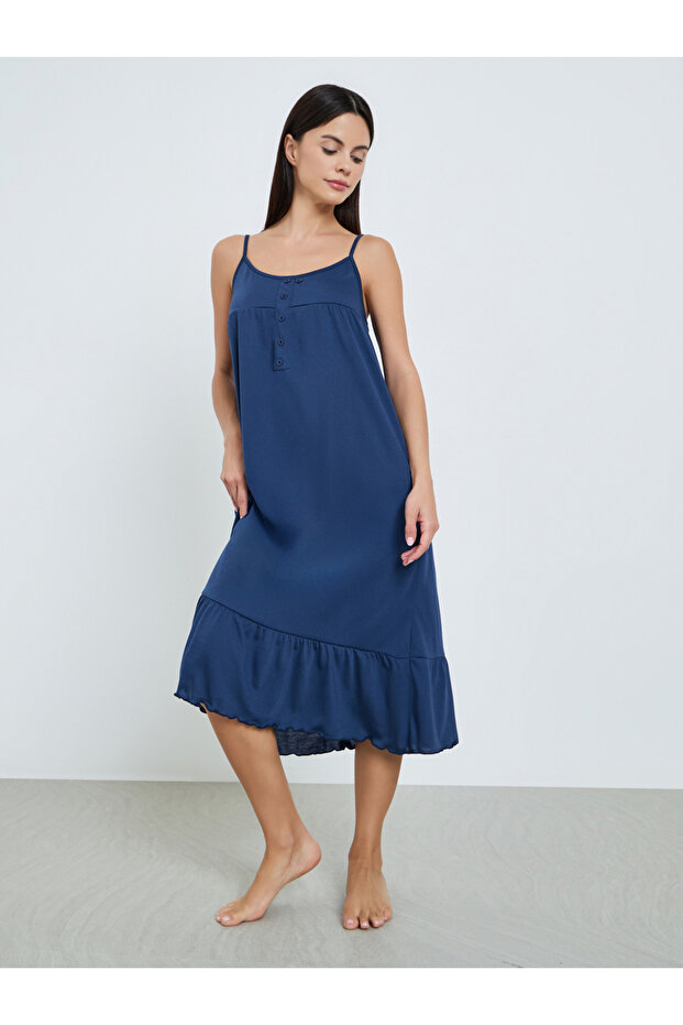 Women Navy Blue Strappy Ruffled Hem Slip Dress