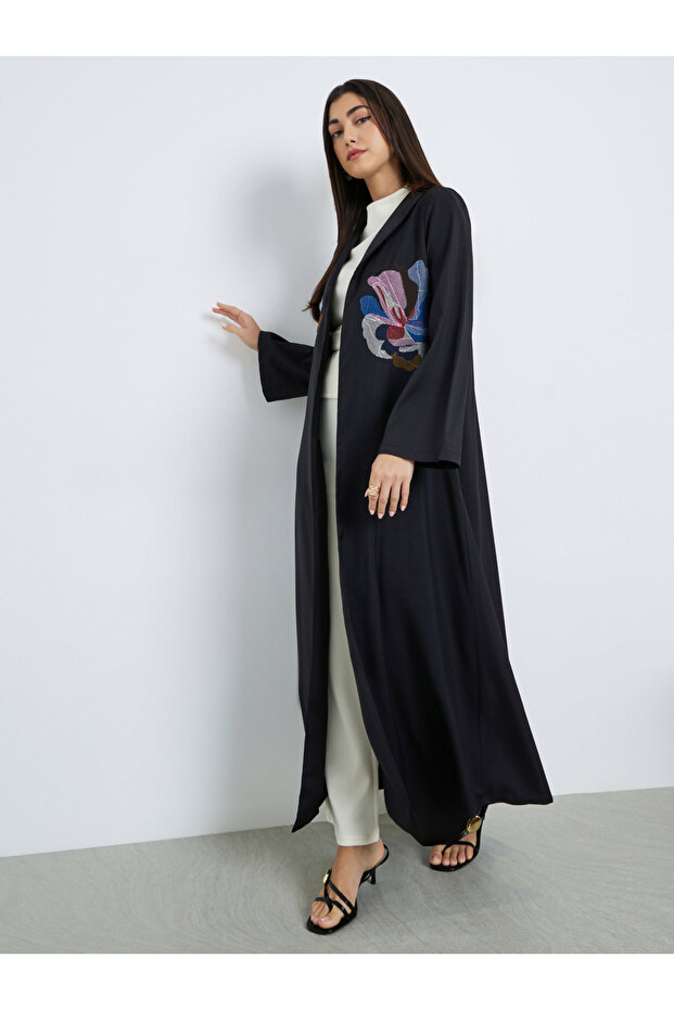 Women Black Floral Embroidered Abaya