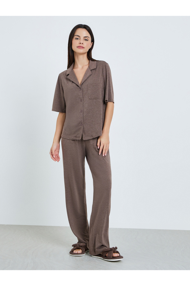 Women Brown Melange Shirt and Pyjama Set