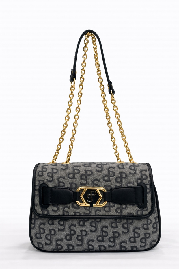 Silver Polo Crossbody Women's Bag Monogram Patterned Grey-Black 1087