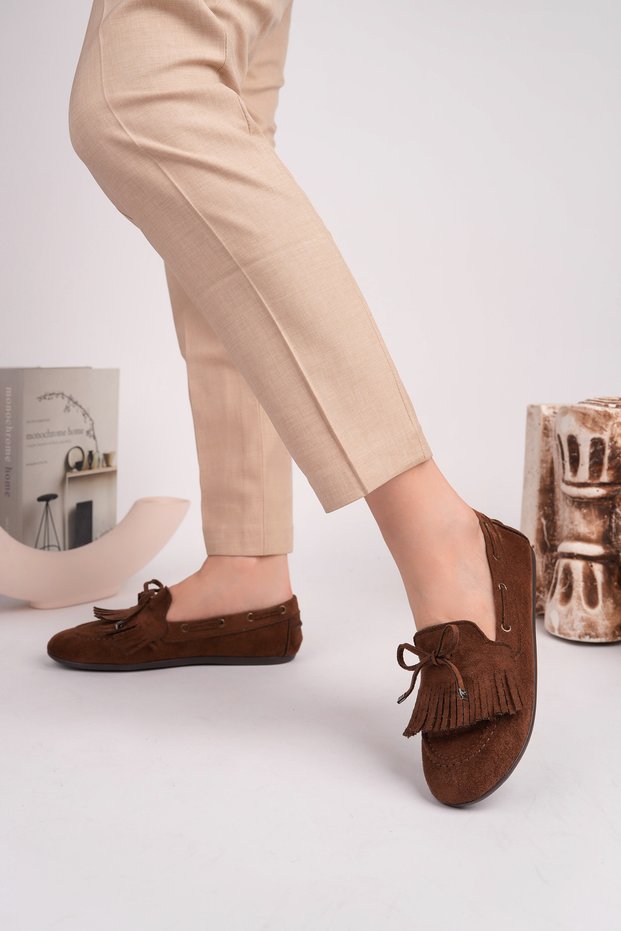 Women's Brown Tassel Detailed Suede Loafer Casual Ballet Shoes