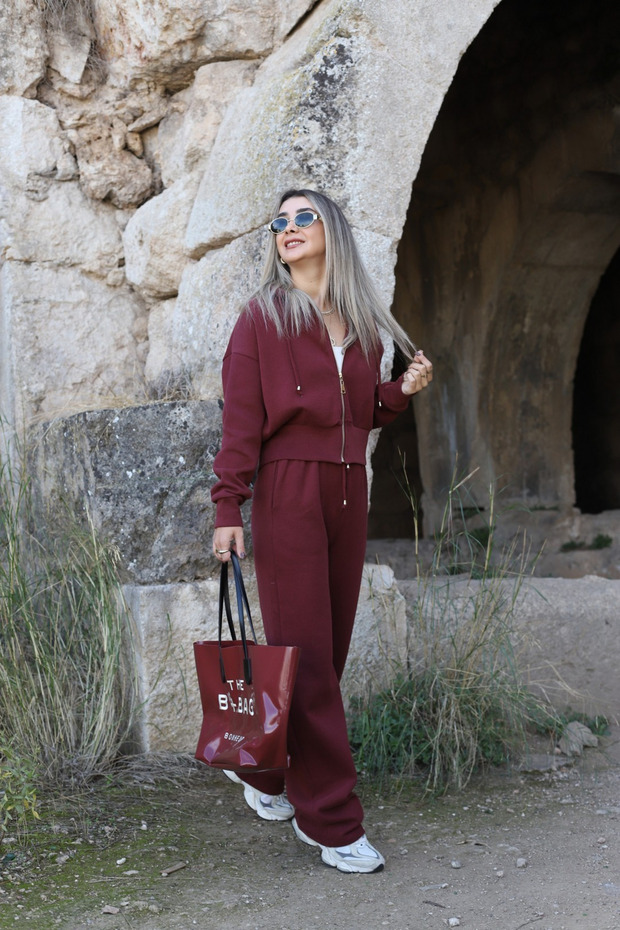 Mürdüm 100% Cotton Hooded Zippered Ribbed Set - 51232