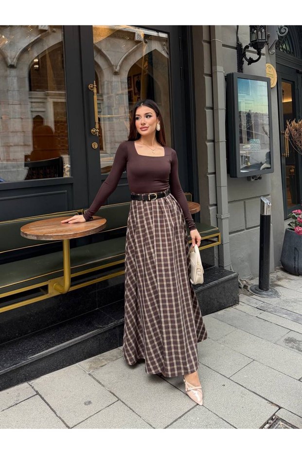 Women's Brown Plaid Belted Slit Long Skirt