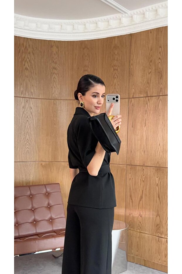 Belted Jacket-Pants Black Set - 3