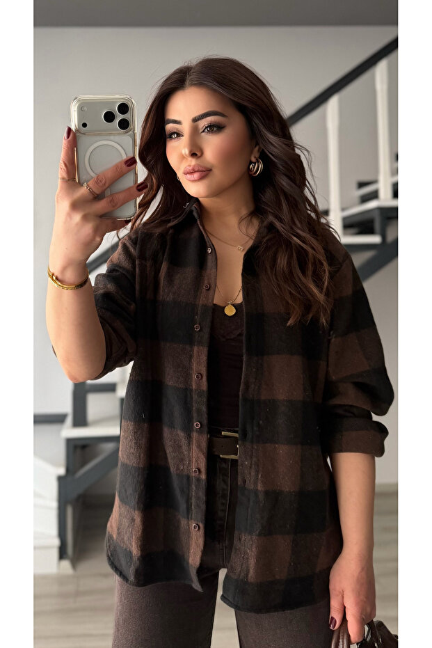 Coffee black checkered lumberjack shirt