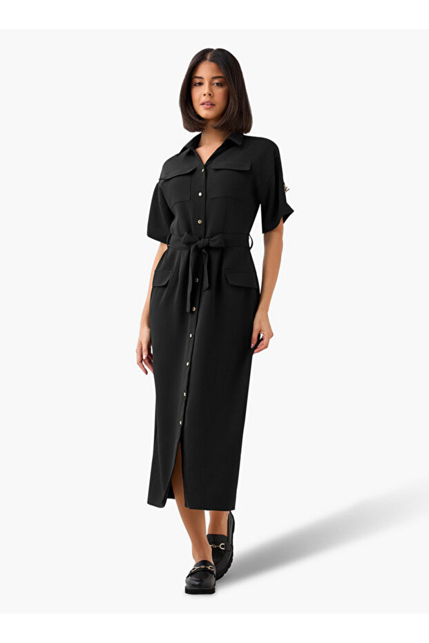 Midi Belted Shirt Dress with Pocket Detail
