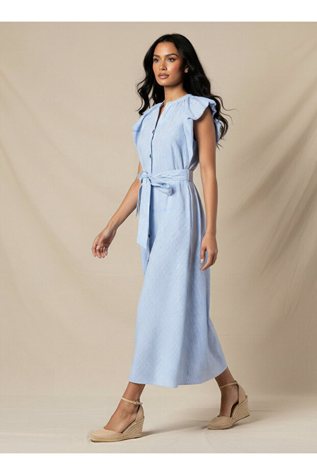 Striped A-line Women Dress with Tie-Up Belt