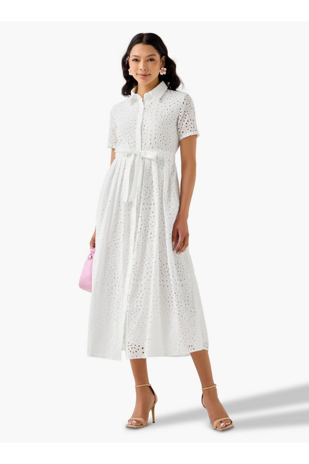 Belted Midi Cotton Shirt Dress with Schiffli Embroidery