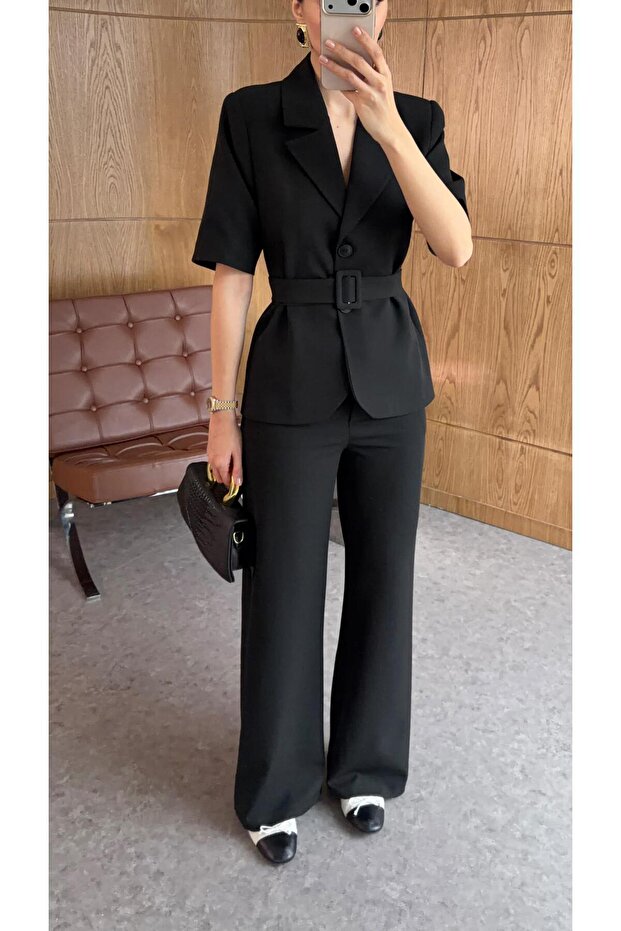Belted Jacket-Pants Black Set - 2