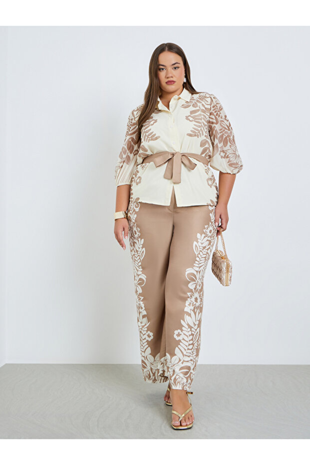 Plus Size Women Beige Floral Wide Leg Trousers